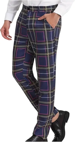 Plaid Pants for Men Straight Leg Checked Pattern Business Golf Chinos Pants Trousers Slim Fit Pants Expandable Waist