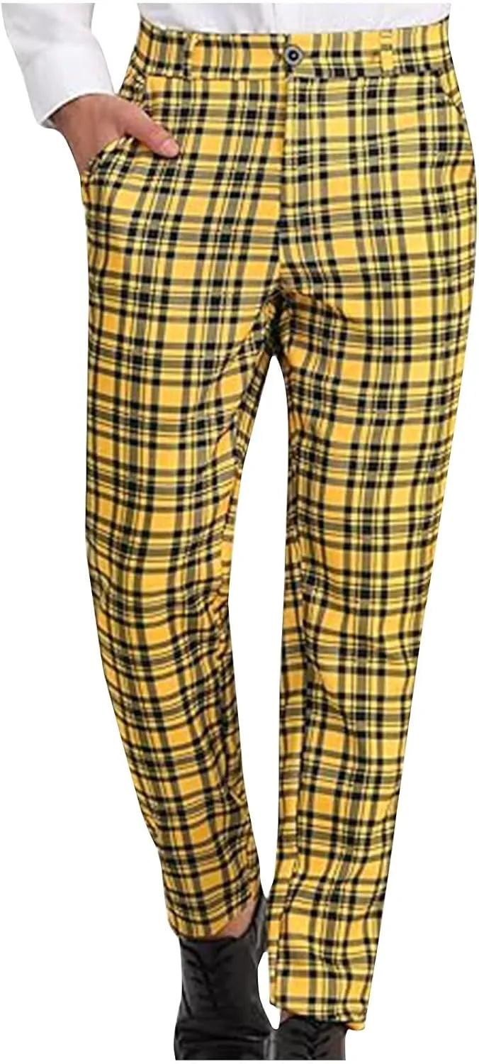 Plaid Pants for Men Straight Leg Checked Pattern Business Golf Chinos Pants Trousers Slim Fit Pants Expandable Waist