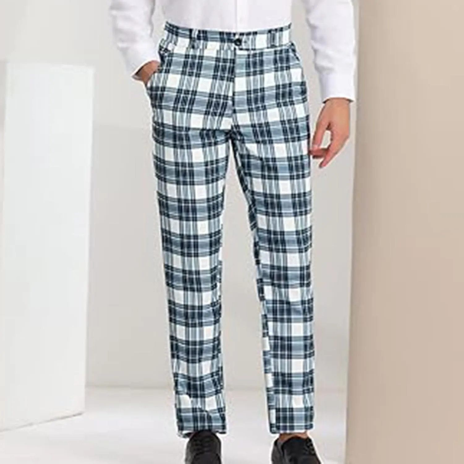 Plaid Pants for Men Straight Leg Checked Pattern Business Golf Chinos Pants Trousers Slim Fit Pants Expandable Waist