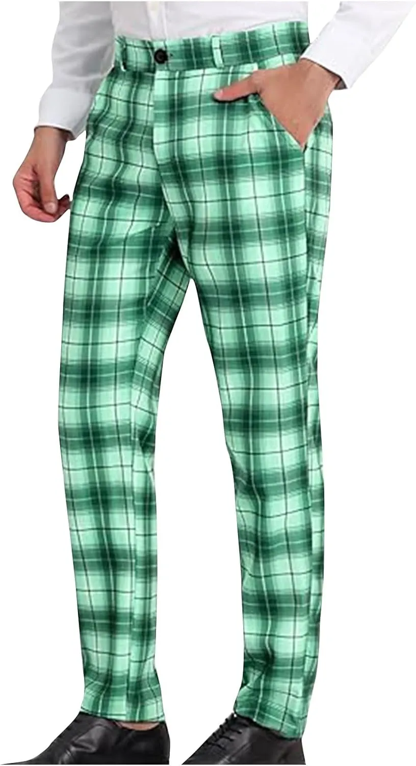 Plaid Pants for Men Straight Leg Checked Pattern Business Golf Chinos Pants Trousers Slim Fit Pants Expandable Waist