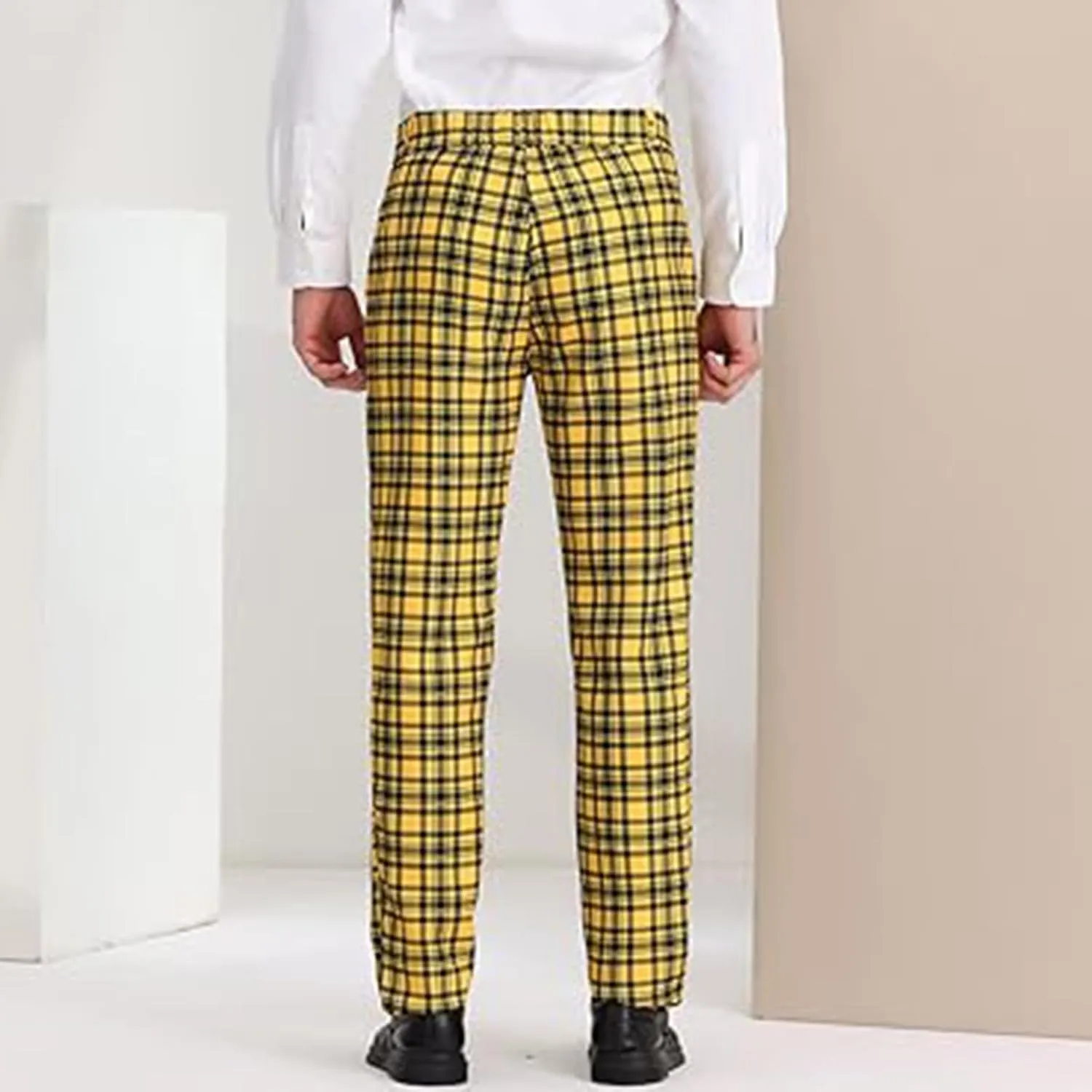 Plaid Pants for Men Straight Leg Checked Pattern Business Golf Chinos Pants Trousers Slim Fit Pants Expandable Waist