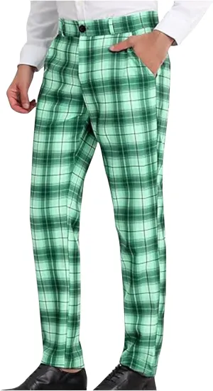 Plaid Pants for Men Straight Leg Checked Pattern Business Golf Chinos Pants Trousers Slim Fit Pants Expandable Waist