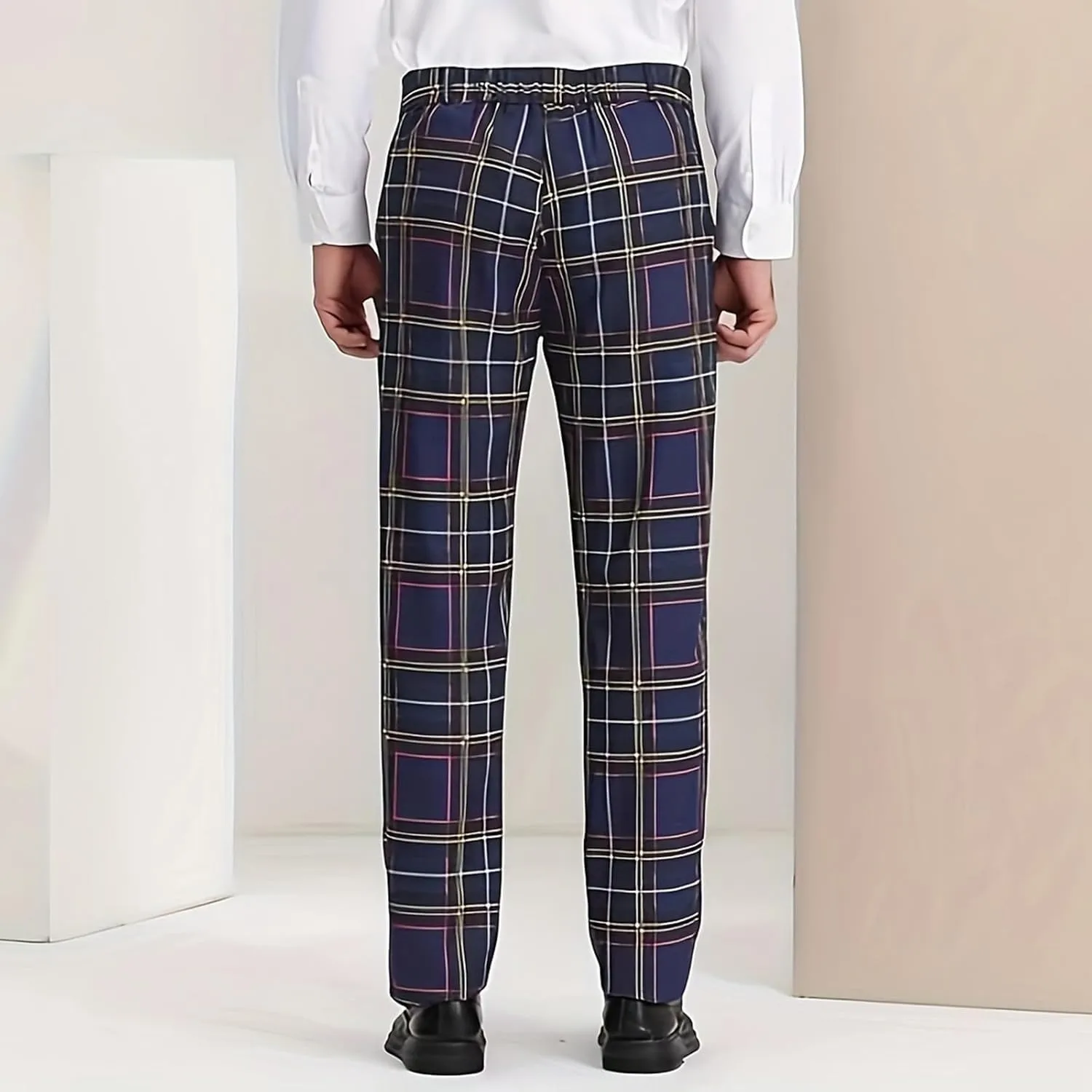Plaid Pants for Men Straight Leg Checked Pattern Business Golf Chinos Pants Trousers Slim Fit Pants Expandable Waist
