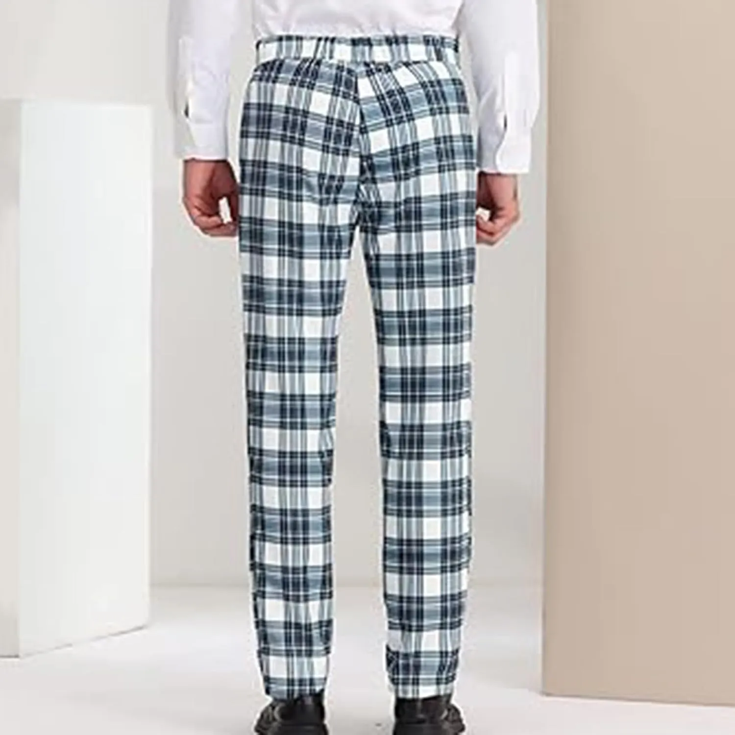 Plaid Pants for Men Straight Leg Checked Pattern Business Golf Chinos Pants Trousers Slim Fit Pants Expandable Waist