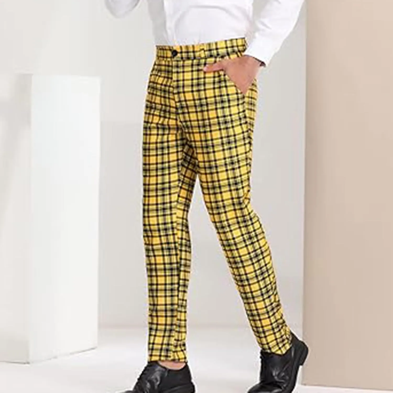 Plaid Pants for Men Straight Leg Checked Pattern Business Golf Chinos Pants Trousers Slim Fit Pants Expandable Waist