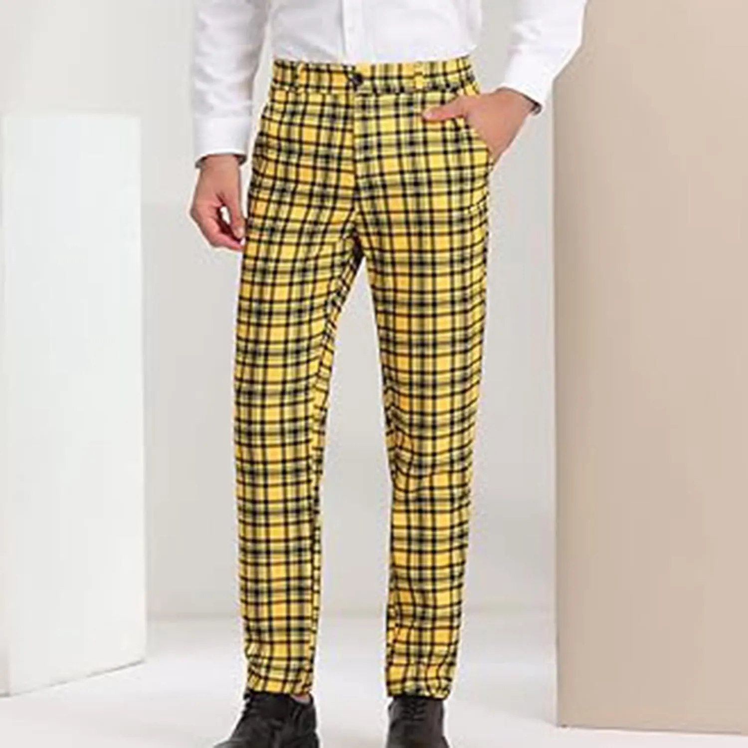 Plaid Pants for Men Straight Leg Checked Pattern Business Golf Chinos Pants Trousers Slim Fit Pants Expandable Waist
