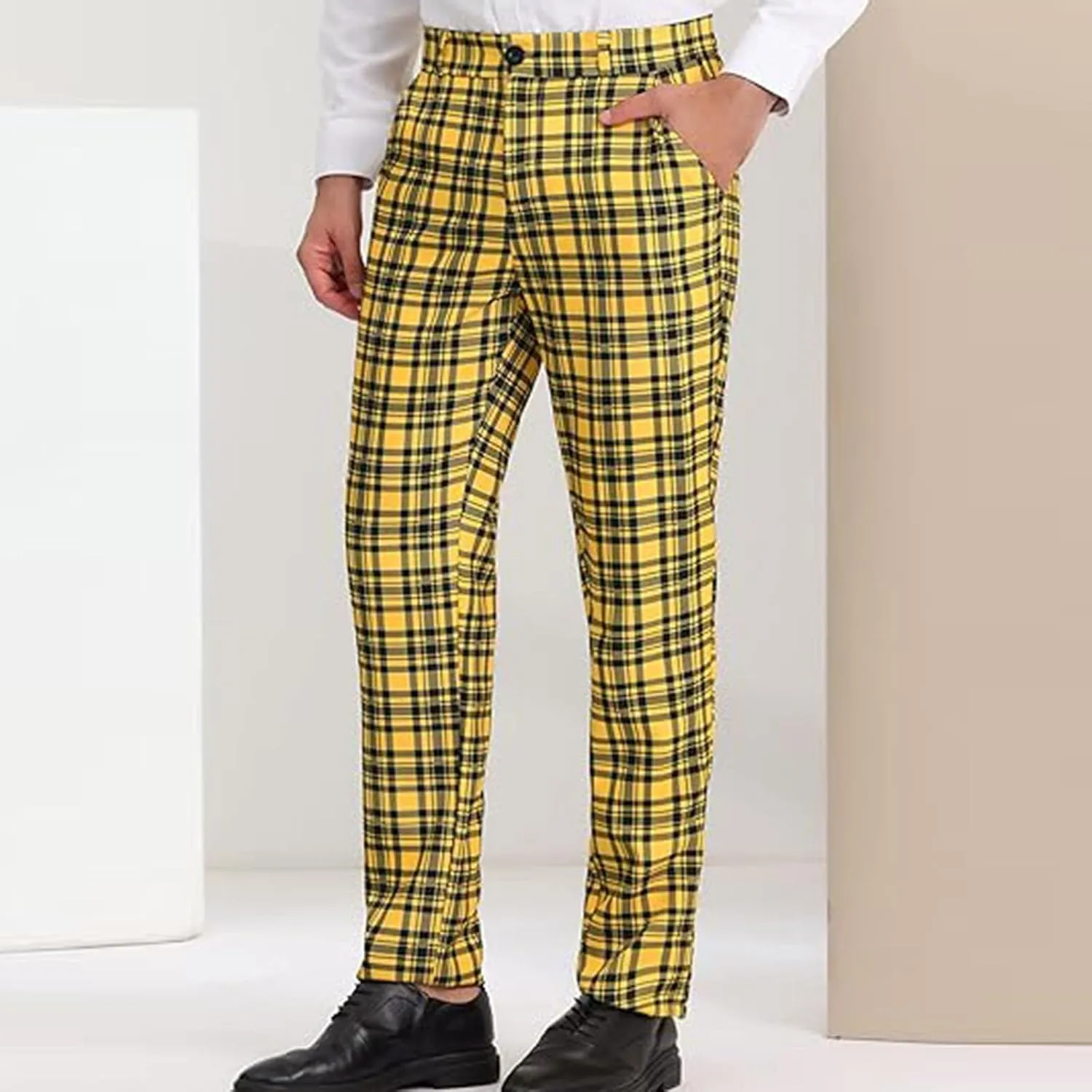 Plaid Pants for Men Straight Leg Checked Pattern Business Golf Chinos Pants Trousers Slim Fit Pants Expandable Waist