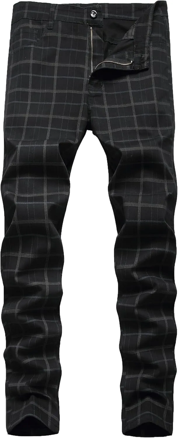 Plaid Pants for Men, Stretch Mens Slim Fit Dress Pants Skinny Flat-Front Fashion Business Casual Chinos Pants