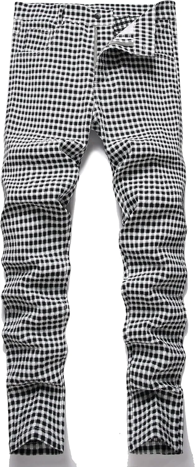 Plaid Pants for Men, Stretch Mens Slim Fit Dress Pants Skinny Flat-Front Fashion Business Casual Chinos Pants