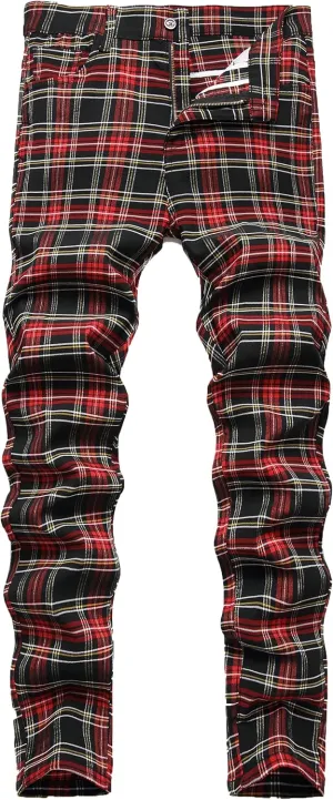 Plaid Pants for Men, Stretch Mens Slim Fit Dress Pants Skinny Flat-Front Fashion Business Casual Chinos Pants