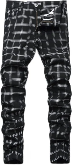 Plaid Pants for Men, Stretch Mens Slim Fit Dress Pants Skinny Flat-Front Fashion Business Casual Chinos Pants