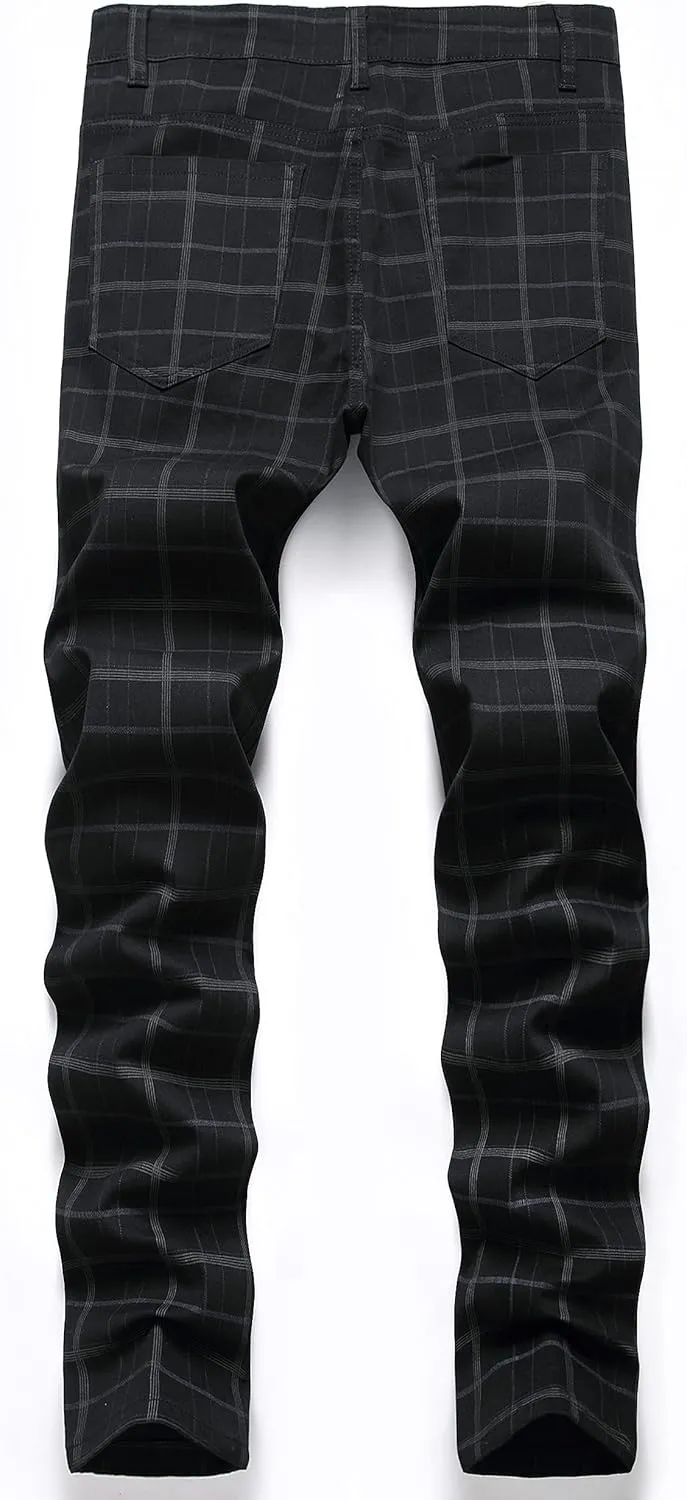 Plaid Pants for Men, Stretch Mens Slim Fit Dress Pants Skinny Flat-Front Fashion Business Casual Chinos Pants