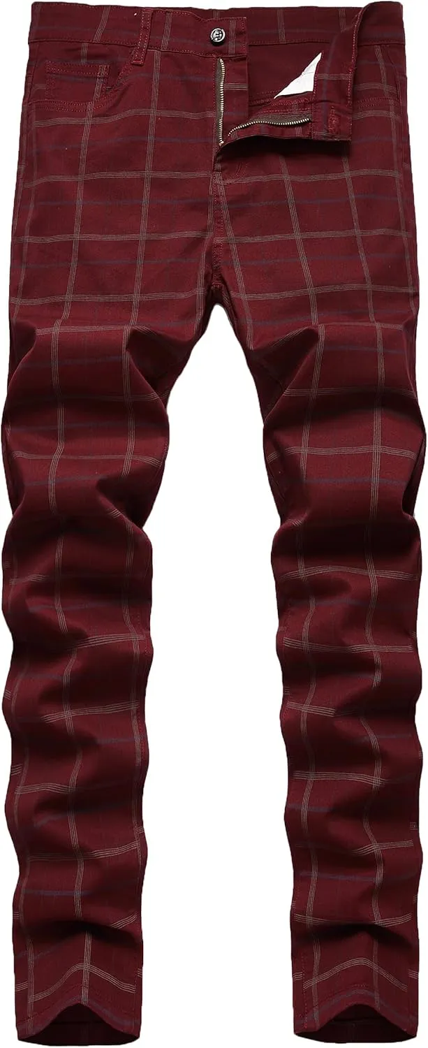 Plaid Pants for Men, Stretch Mens Slim Fit Dress Pants Skinny Flat-Front Fashion Business Casual Chinos Pants