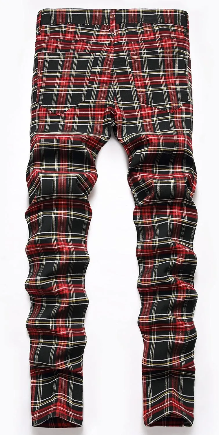 Plaid Pants for Men, Stretch Mens Slim Fit Dress Pants Skinny Flat-Front Fashion Business Casual Chinos Pants