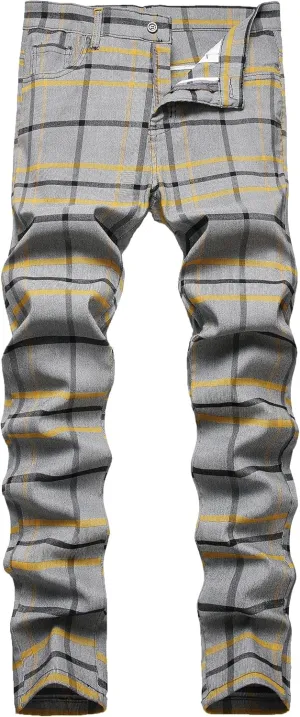 Plaid Pants for Men, Stretch Mens Slim Fit Dress Pants Skinny Flat-Front Fashion Business Casual Chinos Pants