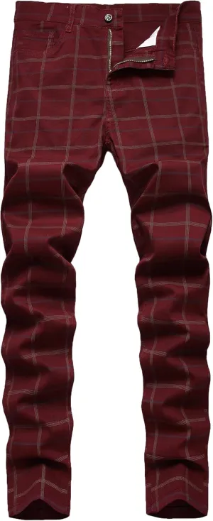 Plaid Pants for Men, Stretch Mens Slim Fit Dress Pants Skinny Flat-Front Fashion Business Casual Chinos Pants
