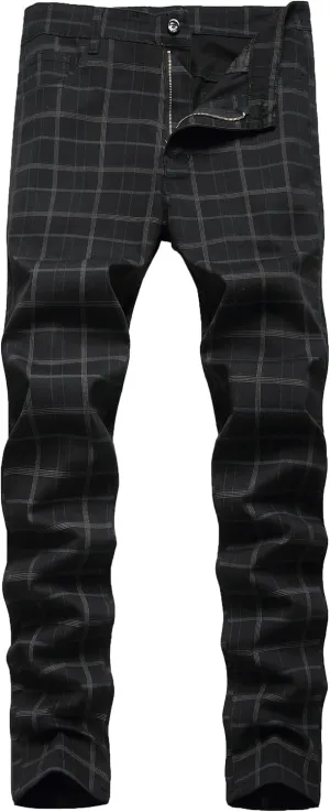 Plaid Pants for Men, Stretch Mens Slim Fit Dress Pants Skinny Flat-Front Fashion Business Casual Chinos Pants