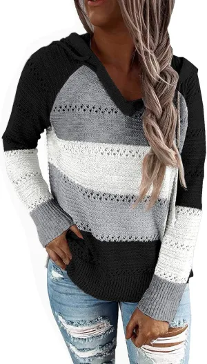 PrinStory Women's Hoodies Fall Loose Lightweight Color Block Sweatshirts Hollow Knit Drawstring Pullover Sweater Tops