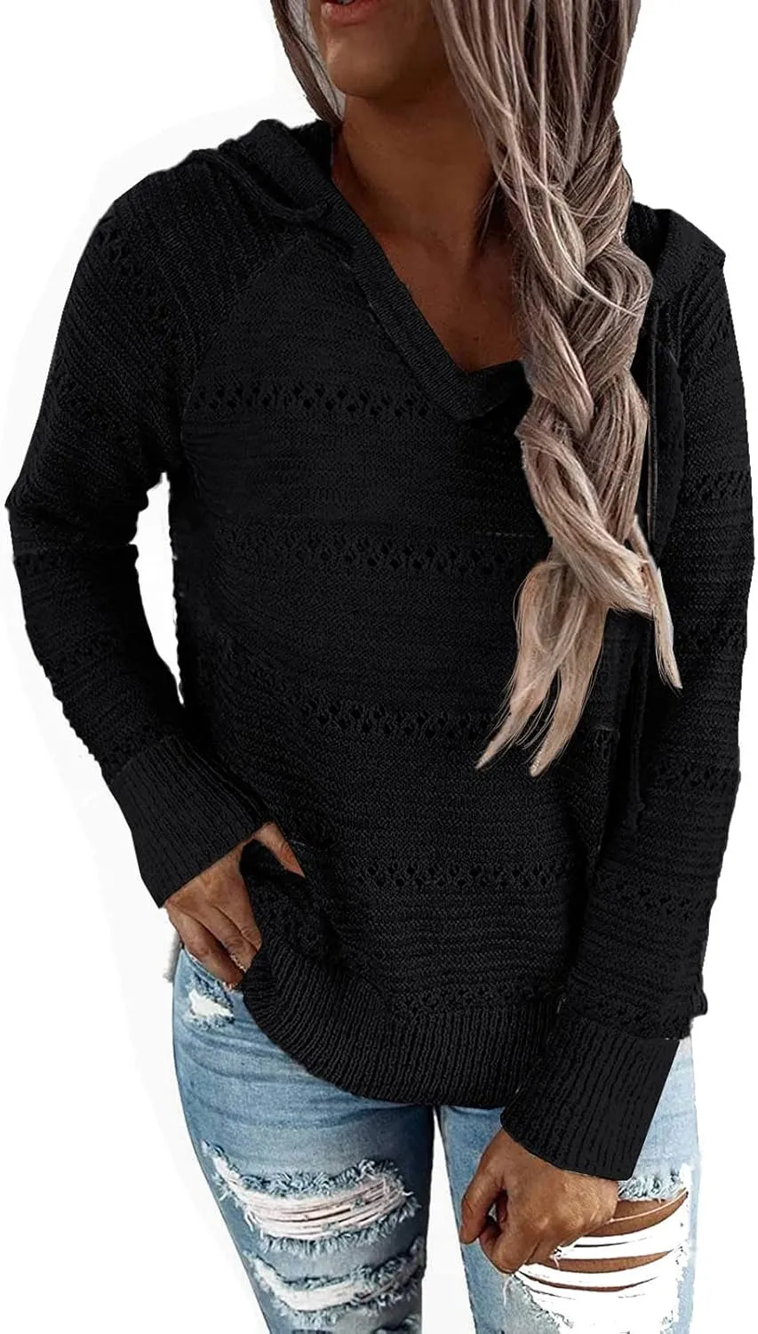 PrinStory Women's Hoodies Fall Loose Lightweight Color Block Sweatshirts Hollow Knit Drawstring Pullover Sweater Tops