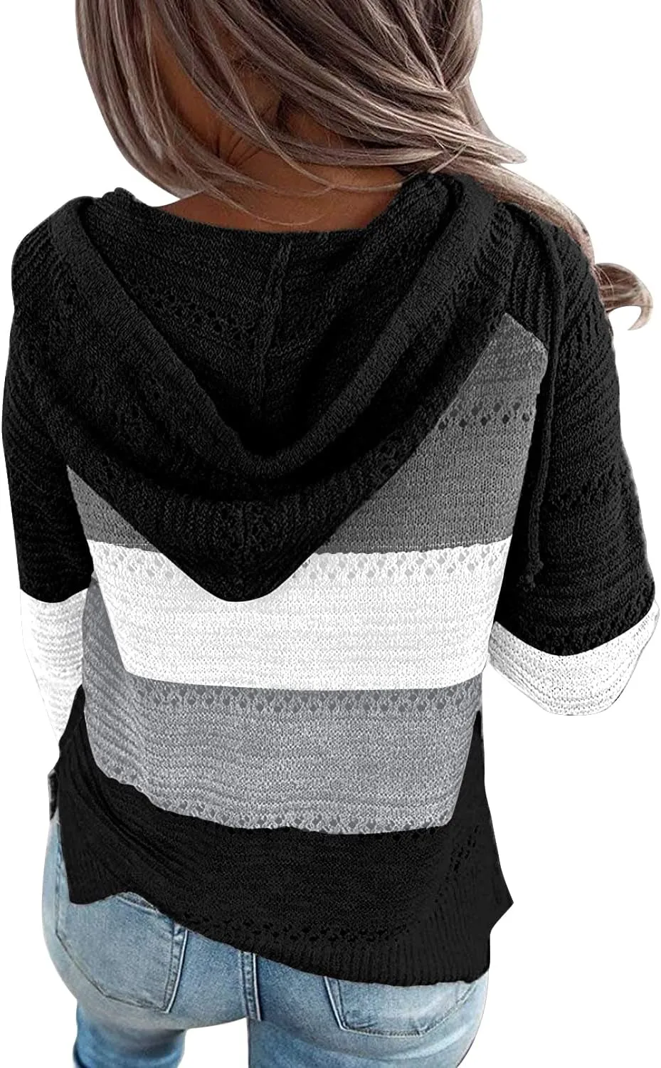 PrinStory Women's Hoodies Fall Loose Lightweight Color Block Sweatshirts Hollow Knit Drawstring Pullover Sweater Tops
