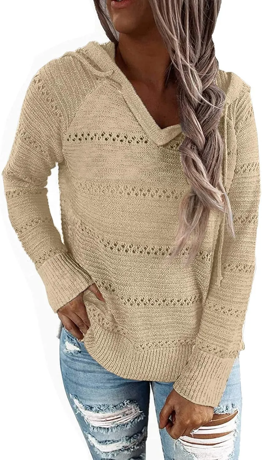 PrinStory Women's Hoodies Fall Loose Lightweight Color Block Sweatshirts Hollow Knit Drawstring Pullover Sweater Tops
