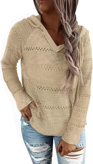 PrinStory Women's Hoodies Fall Loose Lightweight Color Block Sweatshirts Hollow Knit Drawstring Pullover Sweater Tops