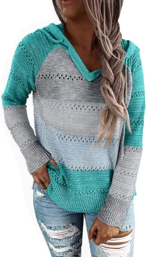 PrinStory Women's Hoodies Fall Loose Lightweight Color Block Sweatshirts Hollow Knit Drawstring Pullover Sweater Tops