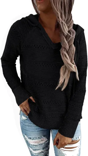 PrinStory Women's Hoodies Fall Loose Lightweight Color Block Sweatshirts Hollow Knit Drawstring Pullover Sweater Tops