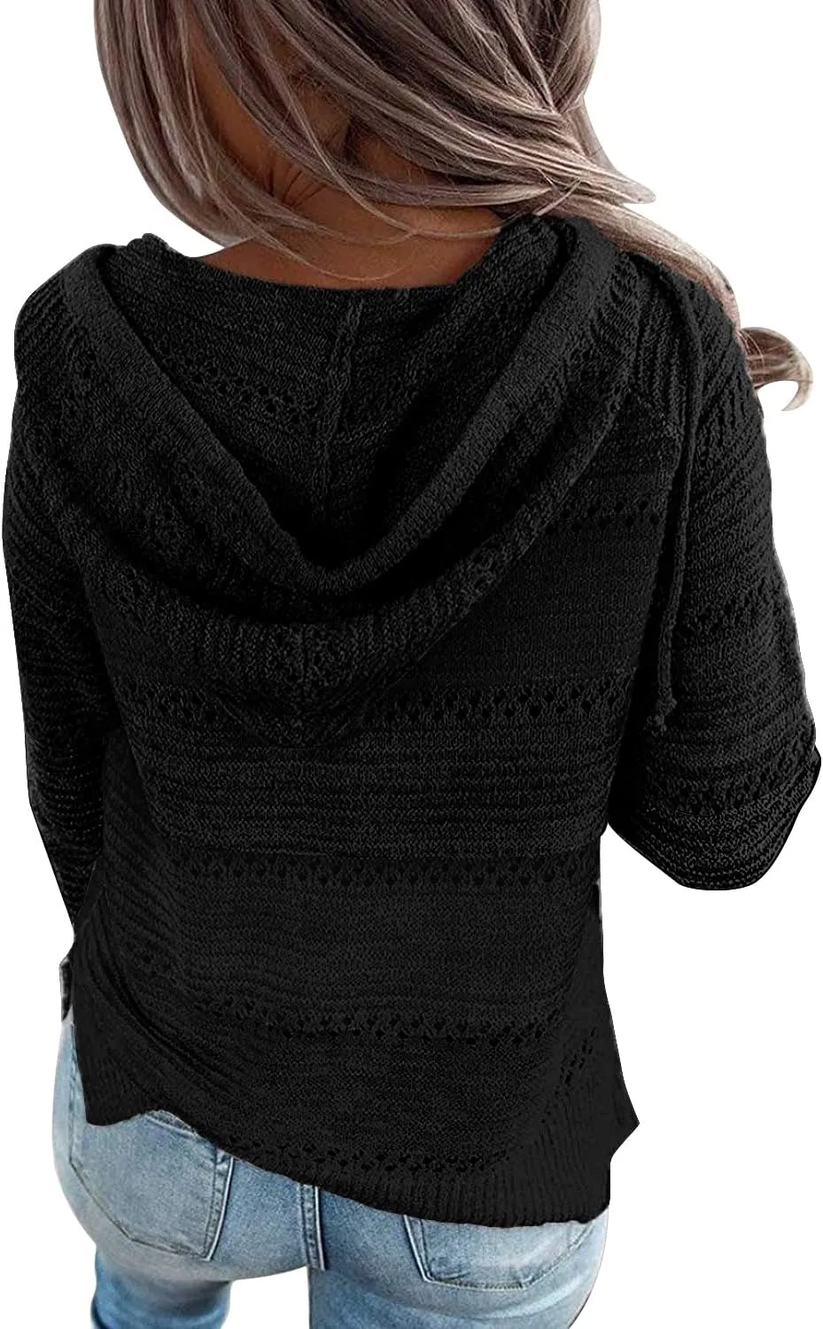 PrinStory Women's Hoodies Fall Loose Lightweight Color Block Sweatshirts Hollow Knit Drawstring Pullover Sweater Tops