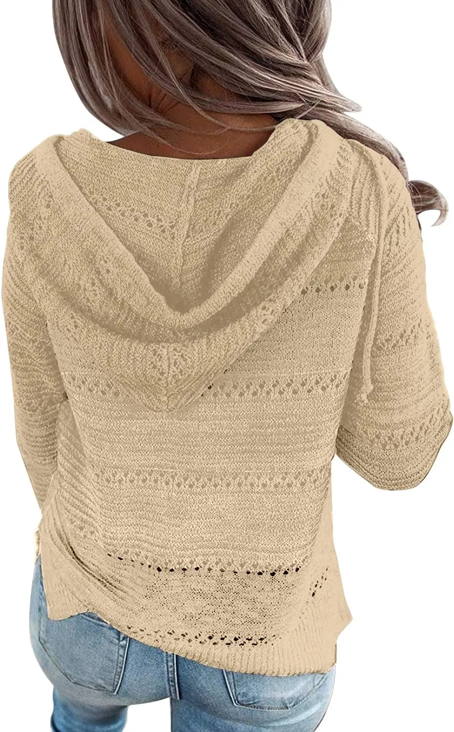 PrinStory Women's Hoodies Fall Loose Lightweight Color Block Sweatshirts Hollow Knit Drawstring Pullover Sweater Tops