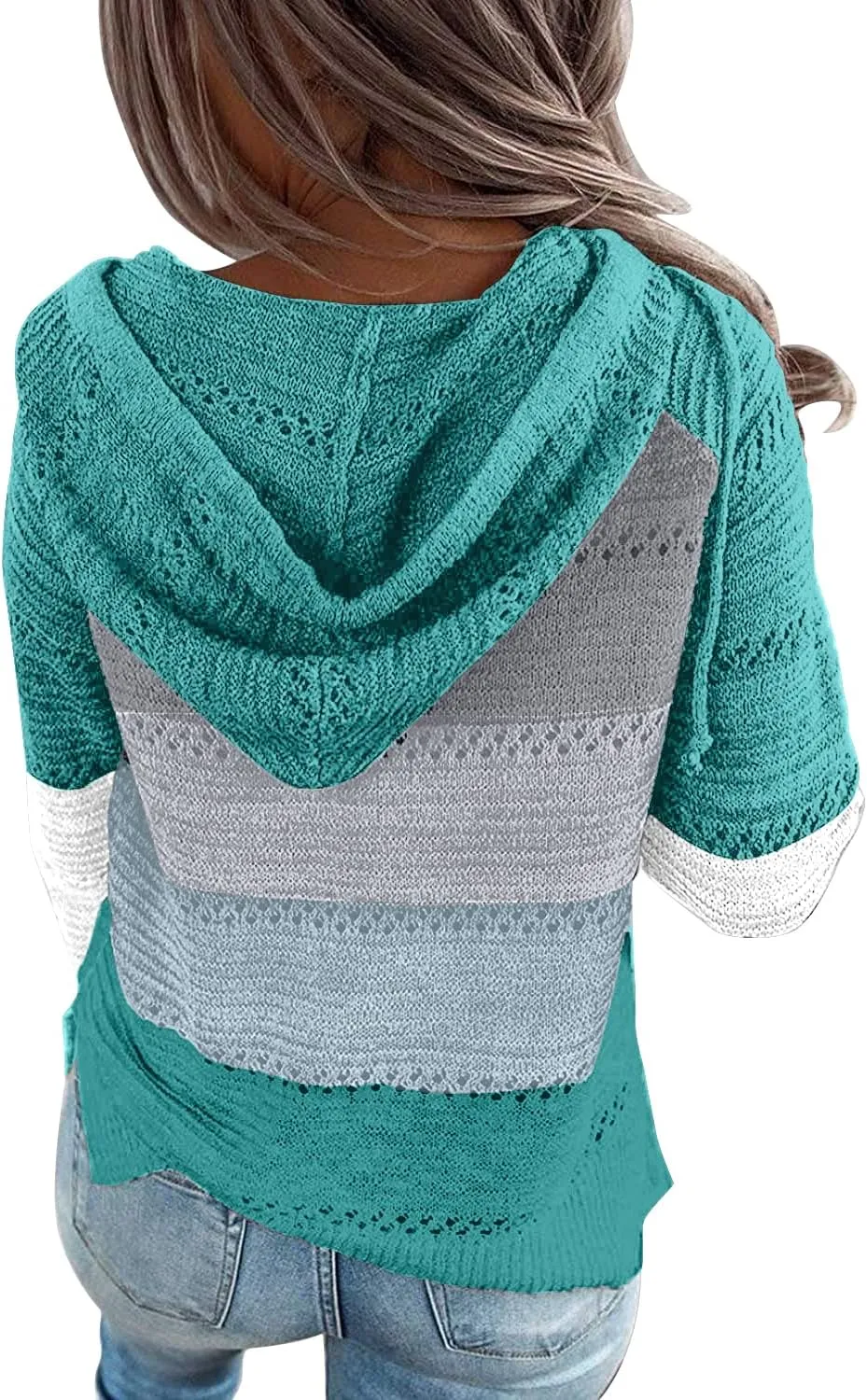 PrinStory Women's Hoodies Fall Loose Lightweight Color Block Sweatshirts Hollow Knit Drawstring Pullover Sweater Tops