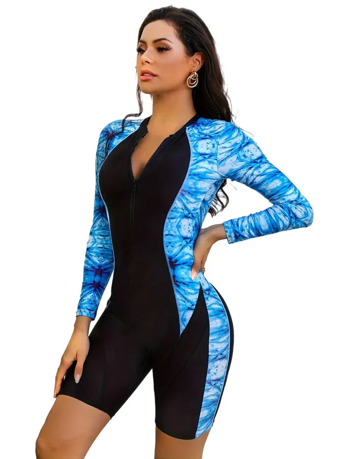 Printed long-sleeve sun protection one-piece surf suit UPF50  Rash Guard
