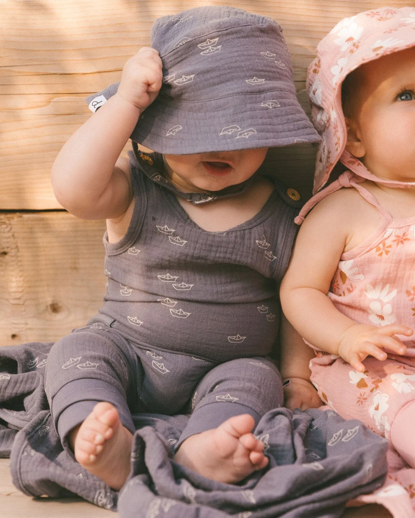Printed Muslin Bucket Hat Navy Blue Paper Boats