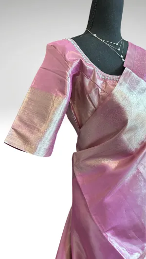 Pure Silver zari Tissue Kanchi Pattu saree with stitched blouse online shopping usa pastel silver zari kanjivaram