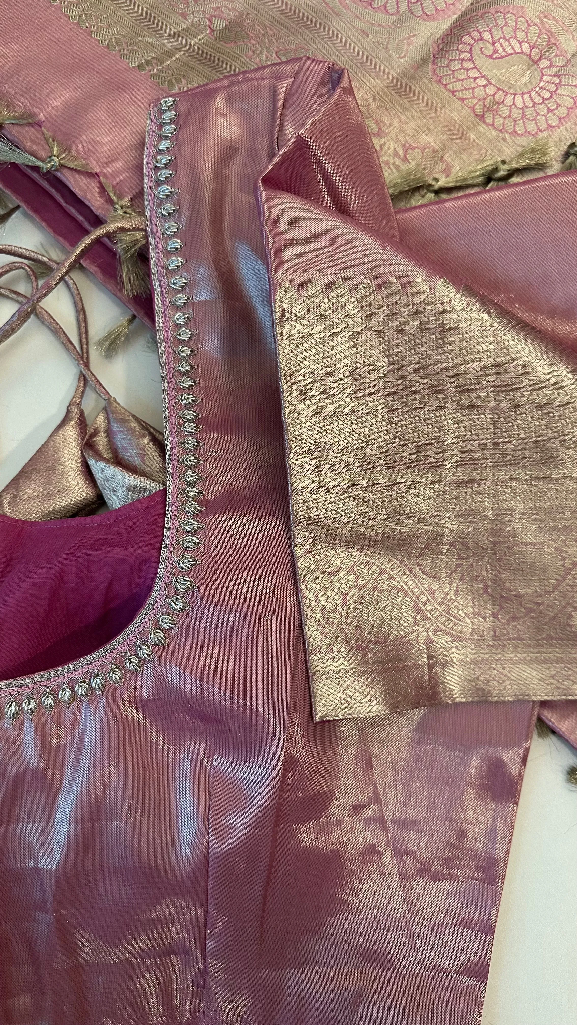Pure Silver zari Tissue Kanchi Pattu saree with stitched blouse online shopping usa pastel silver zari kanjivaram