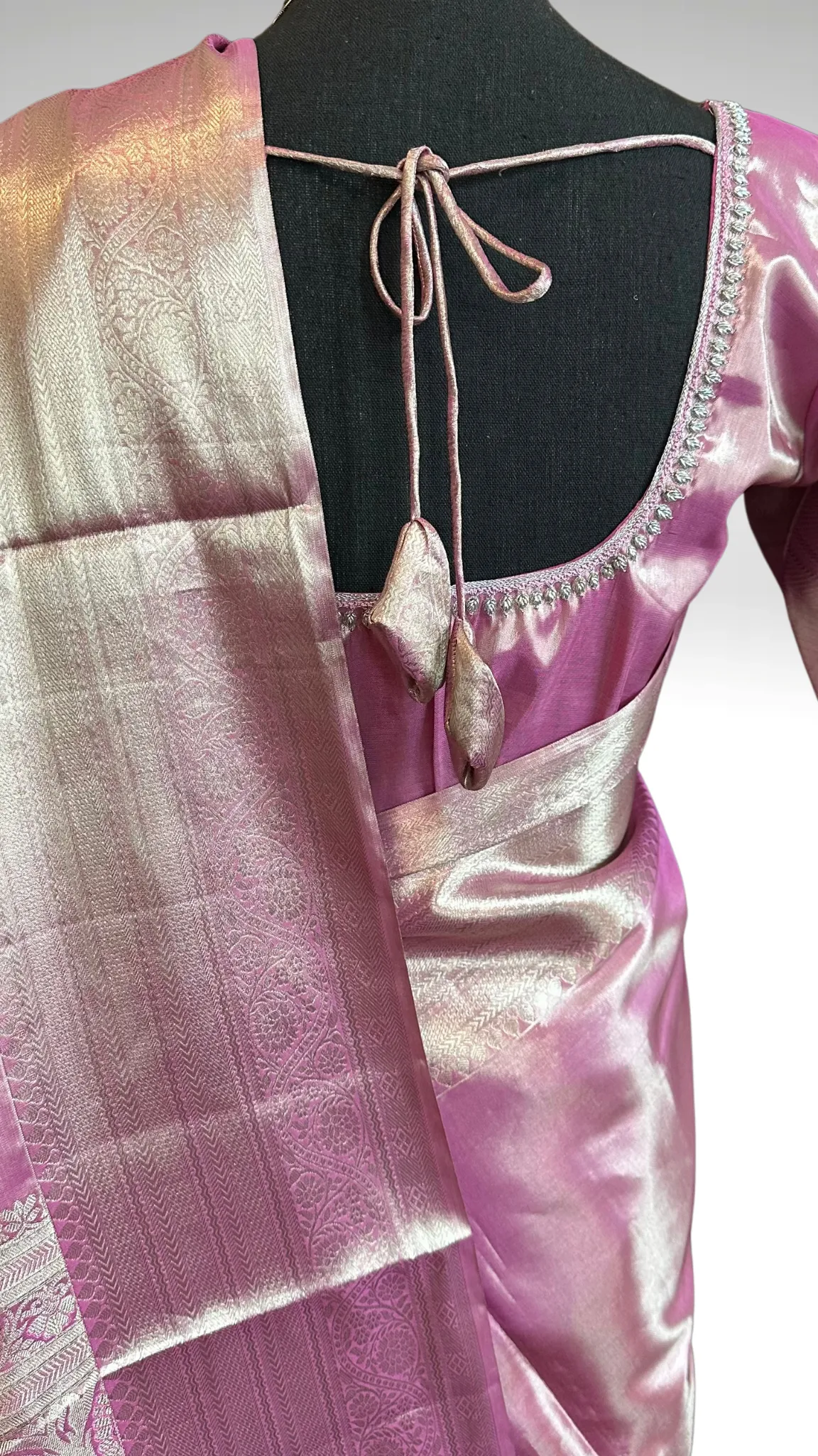Pure Silver zari Tissue Kanchi Pattu saree with stitched blouse online shopping usa pastel silver zari kanjivaram
