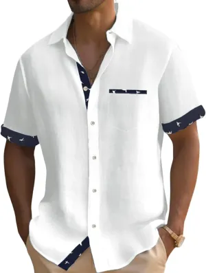 QIVICIMA Men's Hawaiian Shirt Linen Short Sleeve White Pink Sky Blue Button Down Shirt Casual Print Shirts