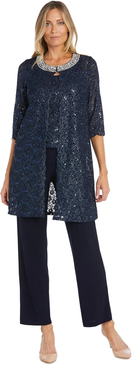 R&M Richards Women's Pearl Glow Lace Pant Set
