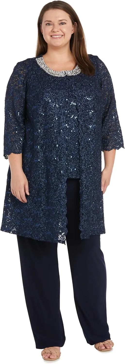 R&M Richards Women's Pearl Glow Lace Pant Set