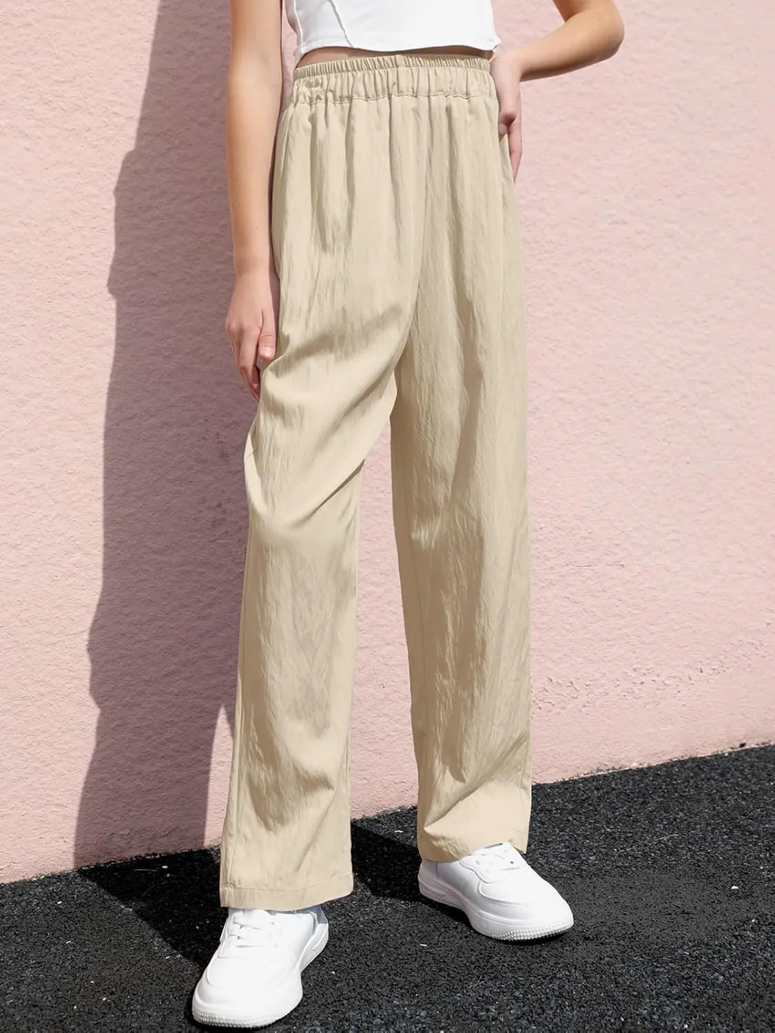 SANGTREE Girls & Woman Wide Leg Pants Lightweight Casual Elastic High Waist Straight Leg Loose Trousers,4 Years - Woman 2XL