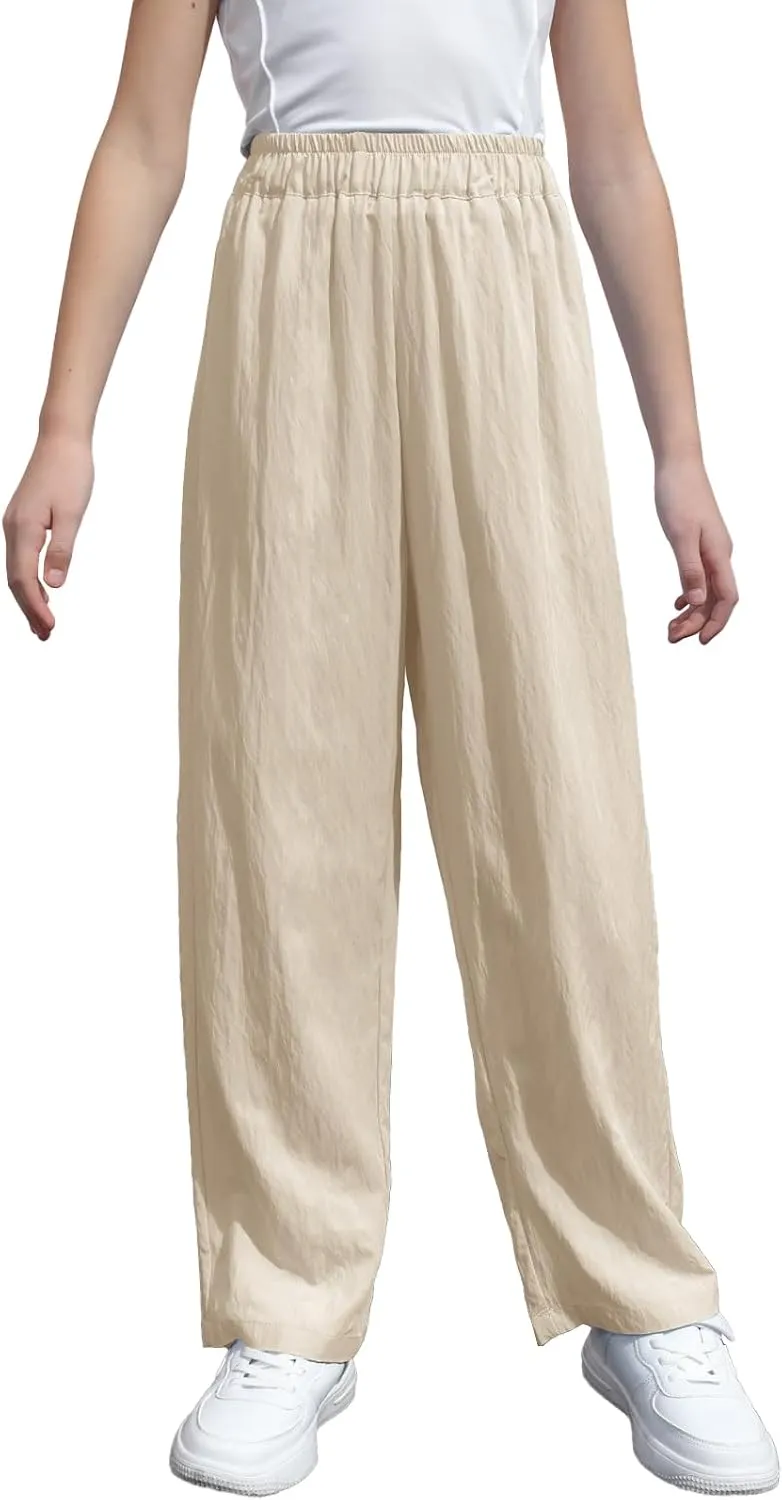 SANGTREE Girls & Woman Wide Leg Pants Lightweight Casual Elastic High Waist Straight Leg Loose Trousers,4 Years - Woman 2XL