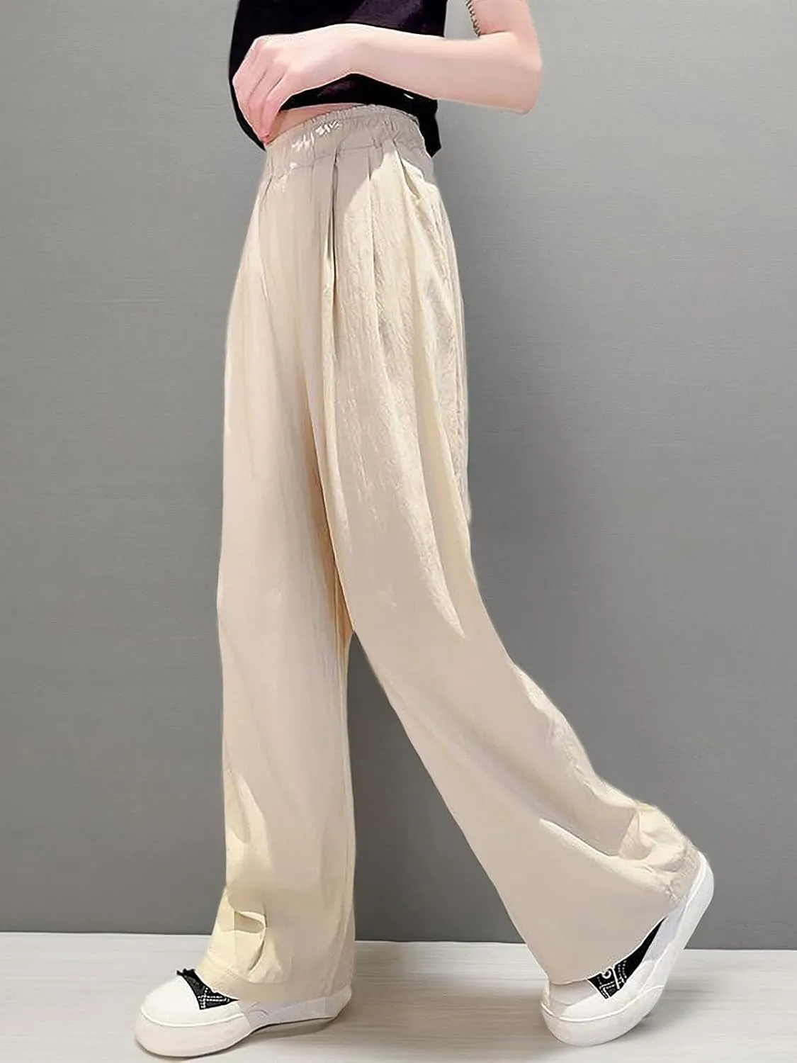 SANGTREE Girls & Woman Wide Leg Pants Lightweight Casual Elastic High Waist Straight Leg Loose Trousers,4 Years - Woman 2XL