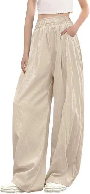 SANGTREE Girls & Woman Wide Leg Pants Lightweight Casual Elastic High Waist Straight Leg Loose Trousers,4 Years - Woman 2XL