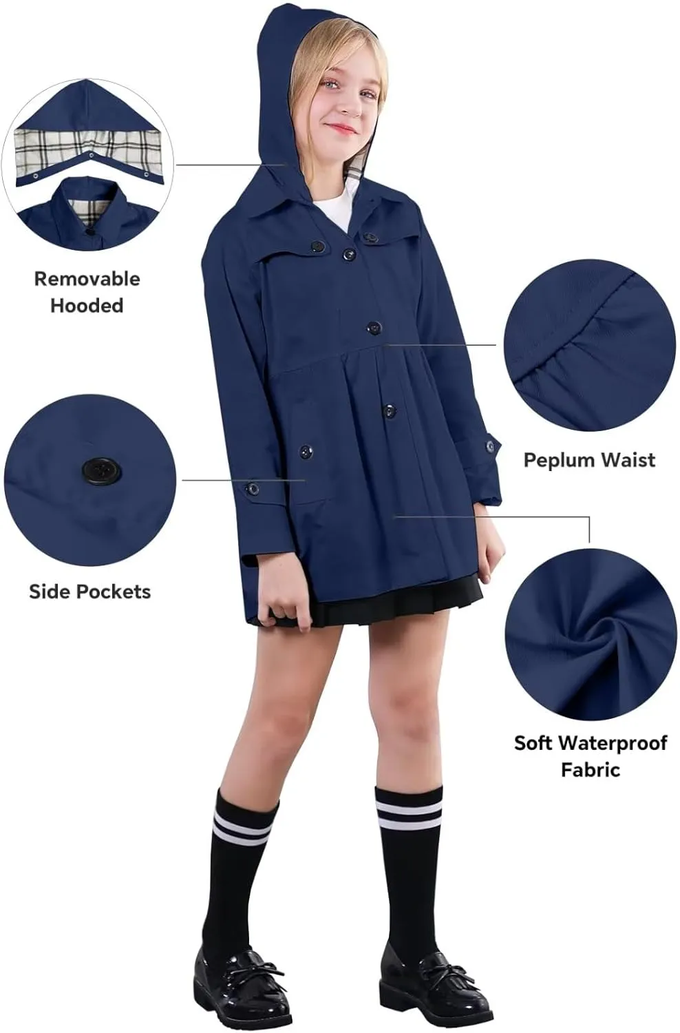 SANGTREE Girl's Waterproof Trench Coat Hooded Lightweight Rain Jackets