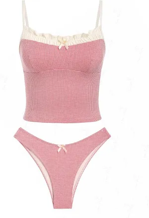 seamoly Gingham Cinched Back Bow Decor Tie Side Tankini Set