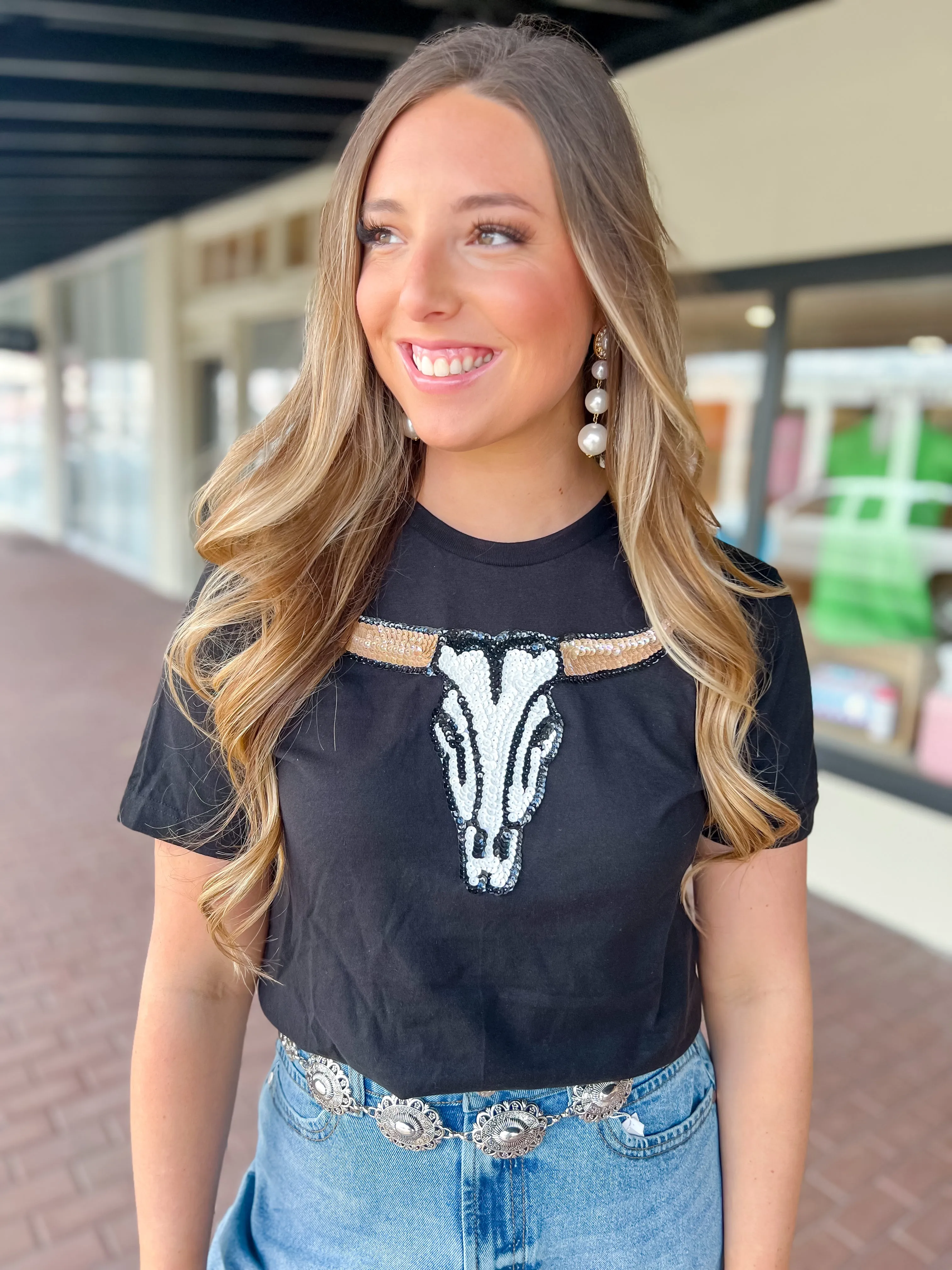 Sequin Skull T-Shirt-Black
