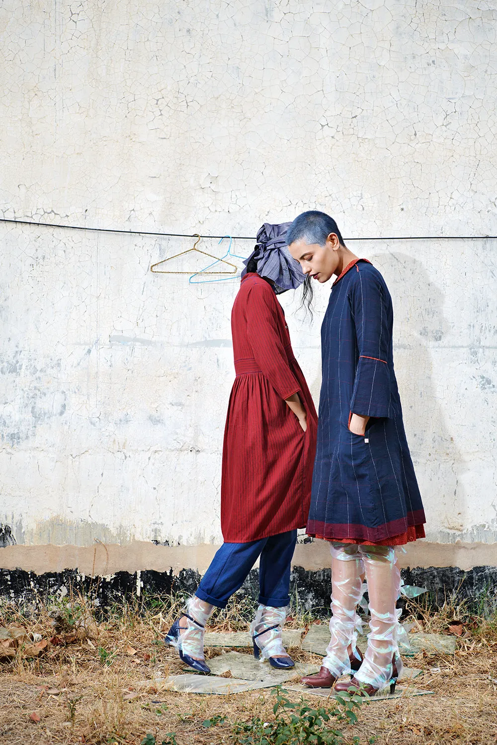 Serene Fine Check Shift Dress w/ Flared Sleeves