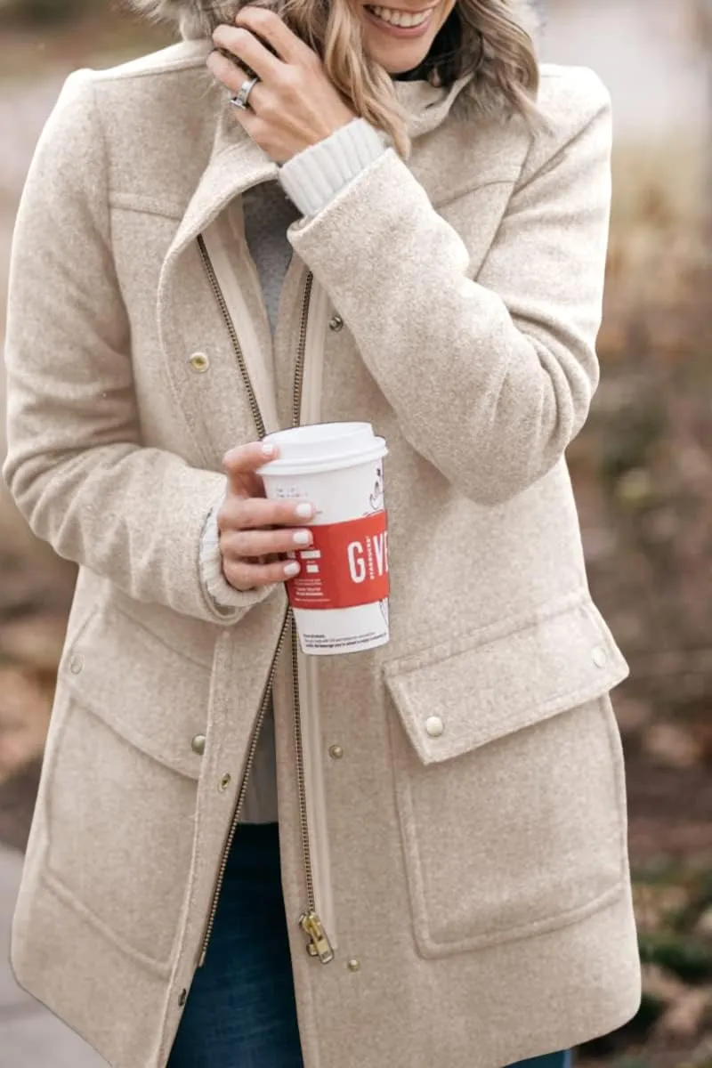 Shanfetl Womens Coats Fall Winter Warm Mid Length Pea Coats Elegant Jackets Outwear with Faux Fur Hood