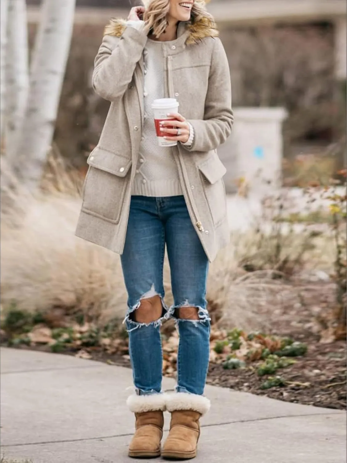 Shanfetl Womens Coats Fall Winter Warm Mid Length Pea Coats Elegant Jackets Outwear with Faux Fur Hood