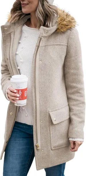 Shanfetl Womens Coats Fall Winter Warm Mid Length Pea Coats Elegant Jackets Outwear with Faux Fur Hood